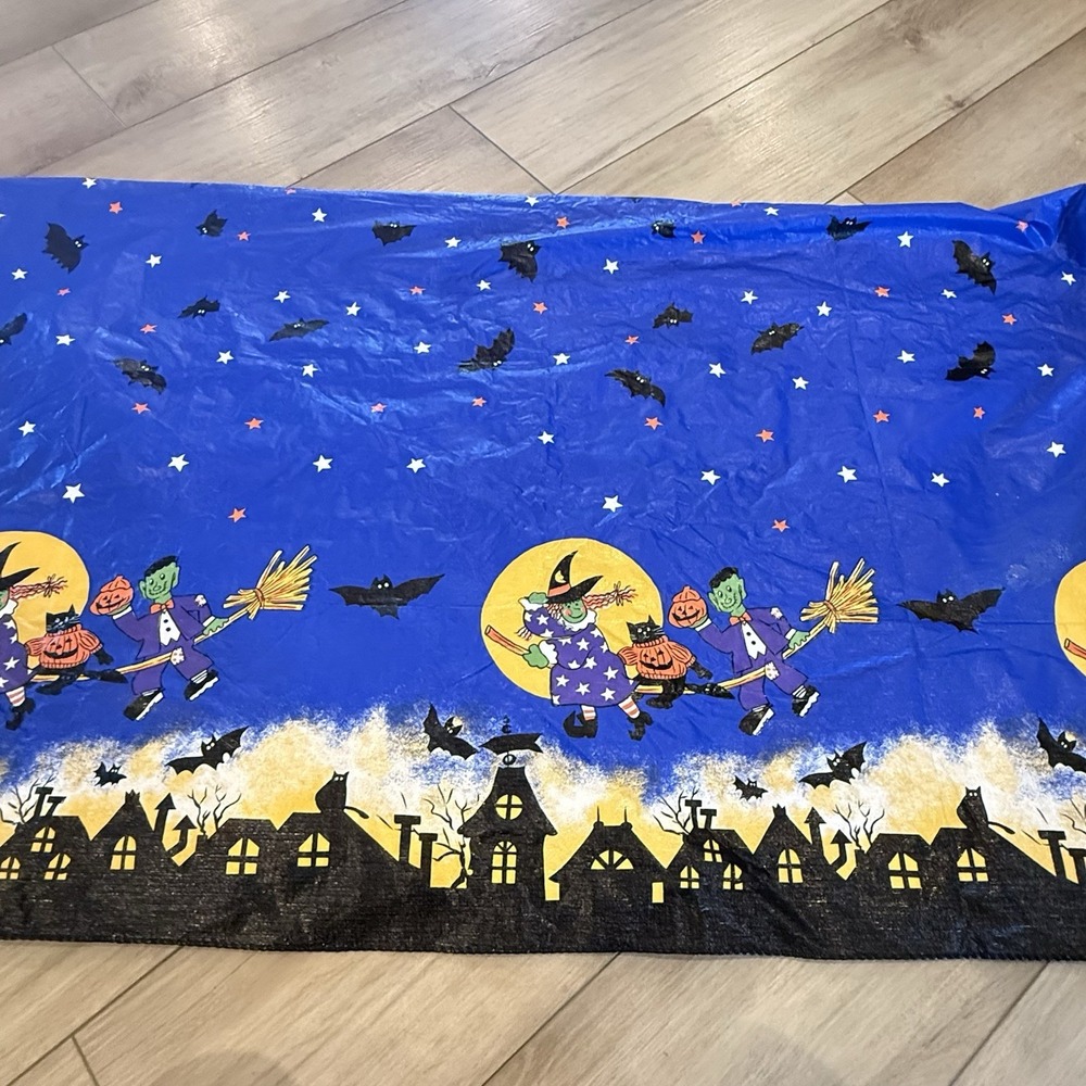 Vintage Halloween Vinyl Tablecloth Cats Witch Frankenstein Retro Night Sky 86x52